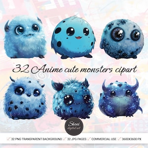 Paquete de imágenes prediseñadas de monstruos de anime extravagantes para calcomanías, planificadores, álbumes de recortes y manualidades: 32 archivos PNG y JPG de alta calidad