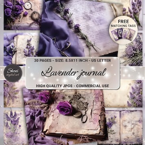 Kit Vintage Botanic Junk Journal - Carta digitale per scrapbooking viola lavanda - Carta per decoupage grunge - Materiali per tecniche miste