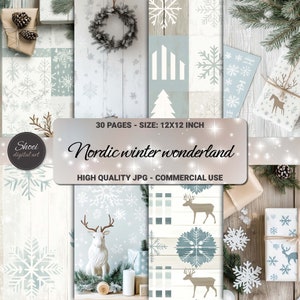 Serene Nordic kerst digitale papiercollectie - 30 pagina's voor vakantieambachten en kunst - direct downloaden voor plakboek - commercieel gebruik