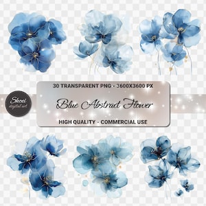 May include: A collection of blue abstract flower designs with gold accents. The image includes the text "30 TRANSPARENT PNG - 3600X3600 PX", "Blue Abstract Flower", and "HIGH QUALITY - COMMERCIAL USE". A digital art logo is also present.