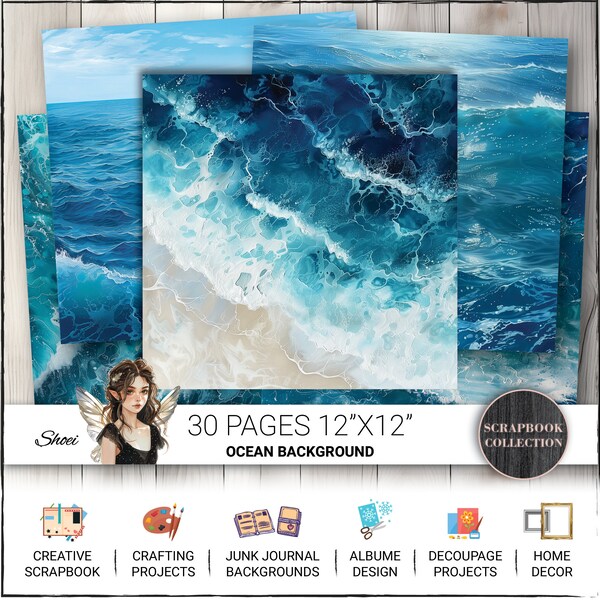 Ocean Background Blue 12X12 Digital Paper for Scrapbooking Paper, Junk Journal kit, card making, Mixed Media Art, Collage, Nautical Ephemera