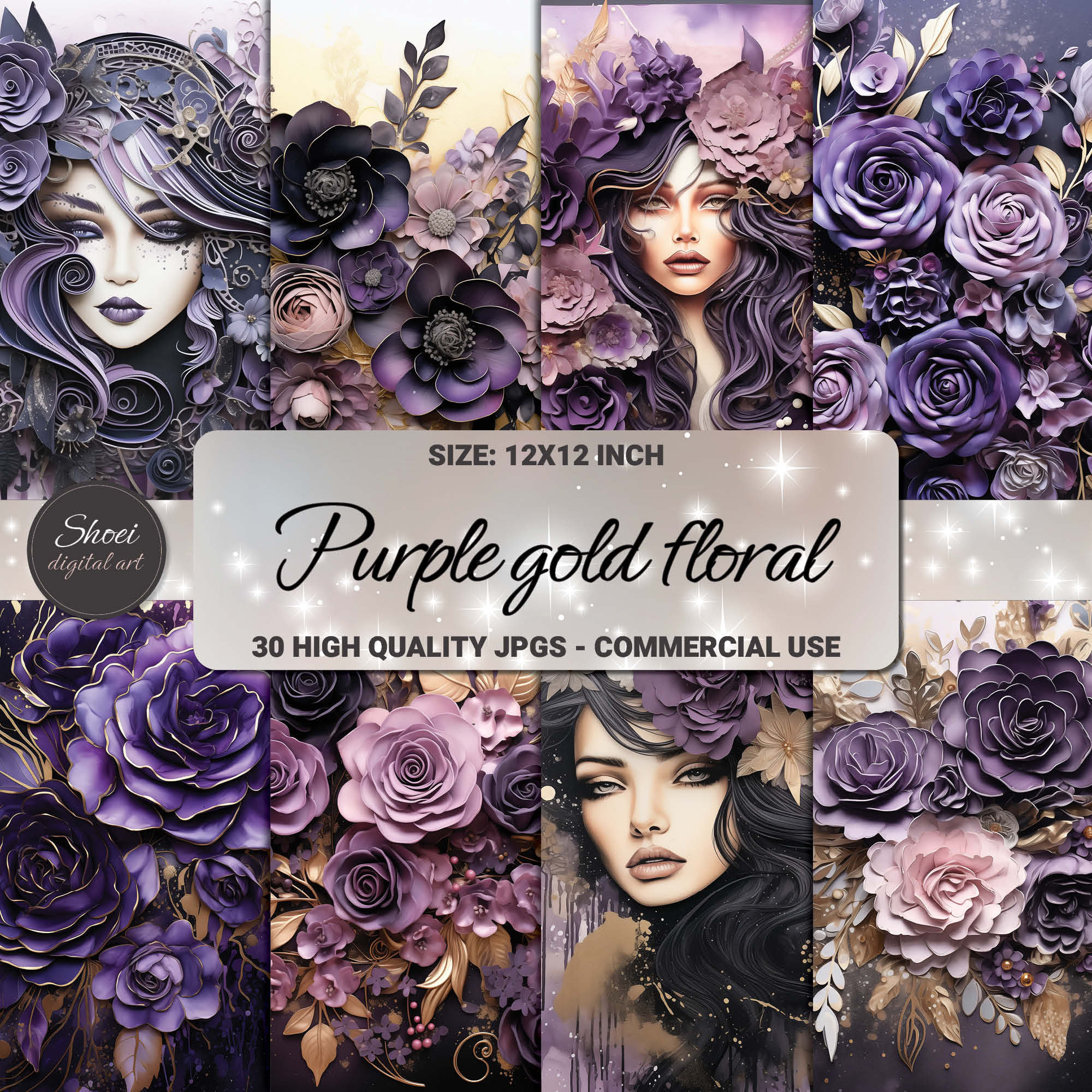 Purple Gold Floral Digital Paper: 3D Flowers Scrapbook Kit (12x12 Inch ...