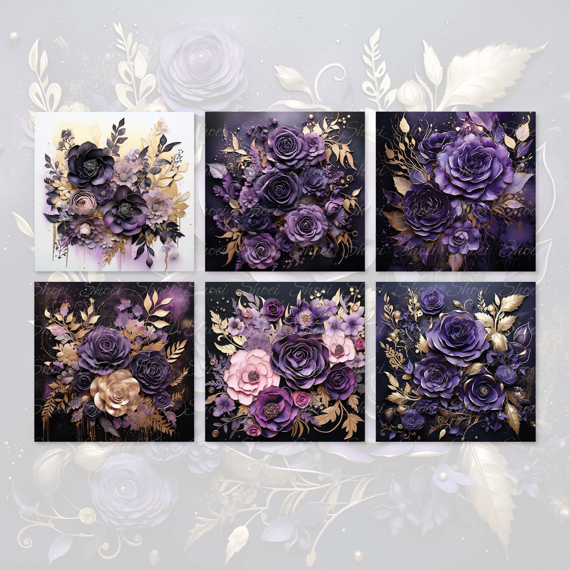 Purple Gold Floral Digital Paper: 3D Flowers Scrapbook Kit (12x12 Inch ...