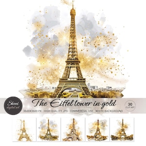 Encanto romántico parisino: 30 imágenes prediseñadas de acuarela de la Torre Eiffel dorada para proyectos de arte y manualidades: papel digital, álbum de recortes, diario basura, tarjeta