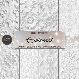 Geprägtes digitales Papier 12x12, weißes, florales Scrapbook-Papier, texturierter Hintergrund, elegante Hochzeitsalbum-Seiten, druckbar, 30 JPG