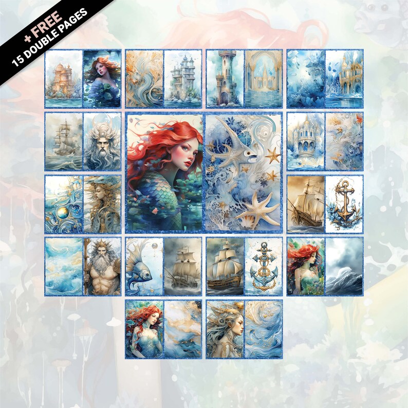 Mermaid Fantasy Under Sea 30 Pages 8.5X11 size For Junk Journal Backgrounds, Scrapbooking, Art and Craft, Commercial Use, Magic Fairy Tale, high quality 300 dpi JPG files
30 JPG Printable image pages (8.5X11 inch)