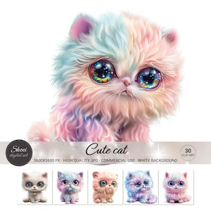 Arte digitale di un simpatico gatto - Clipart di un gattino soffice e multicolore, perfetto per lavori artigianali, decorazioni da parete e regali stampabili - Download immediato