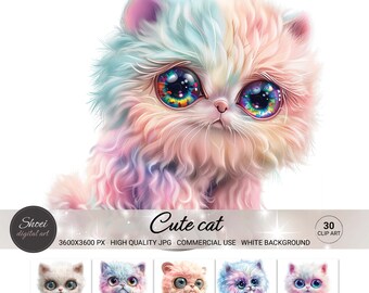 Clipart de gato kawaii: arte de gatinho pastel, decoração de arco-íris (30 JPG, uso comercial)