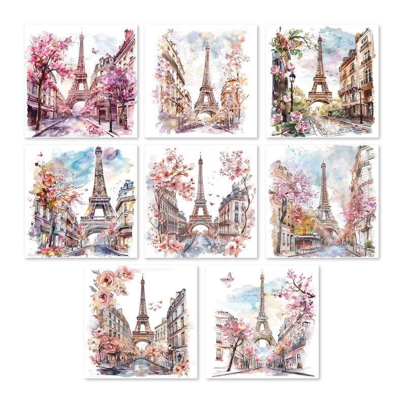 Paris watercolor clipart, Eiffel Tower illustration, cherry blossom art, French city print, printable JPG, white background.