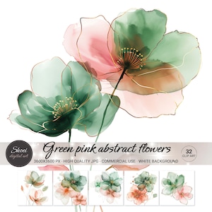 32 fiori astratti rosa verde oro acquerello clipart JPG - Arte e artigianato carta digitale, album, creazione di biglietti