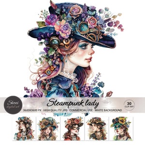 Steampunk Lady Clipart: Victorian Floral PNG, JPG - Commercial Use