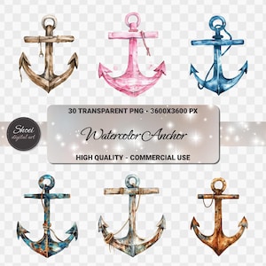 Watercolor Anchor Clipart PNG, 30 Nautical Anchor Art, Rustic Marine Clip Art, Transparent PNG, Beach Decor, Scrapbook, DIY, Commercial Use