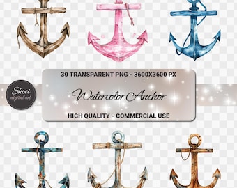 Peut inclure: Plusieurs ancres aquarelles de couleurs variées, marron, rose et bleu. L'image contient le texte "Watercolor Anchor" et "High Quality - Commercial Use."