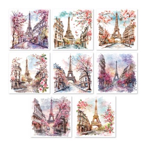Paris watercolor clipart, Eiffel Tower illustration, cherry blossom art, French city print, printable JPG, white background.