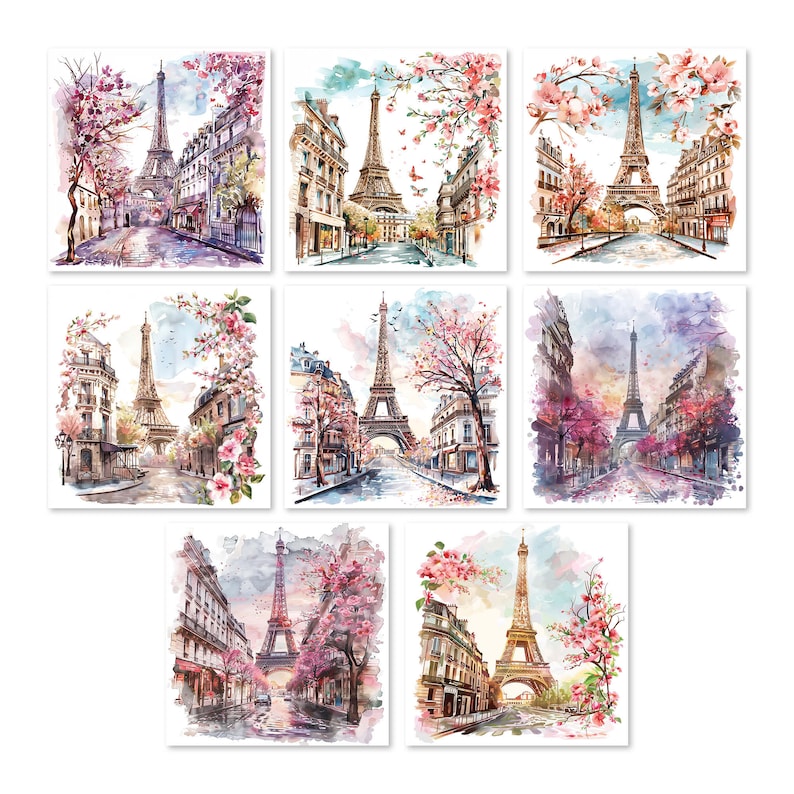 Paris watercolor clipart, Eiffel Tower illustration, cherry blossom art, French city print, printable JPG, white background.