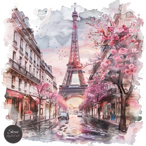 Paris watercolor clipart, Eiffel Tower illustration, cherry blossom art, French city print, printable JPG, white background.