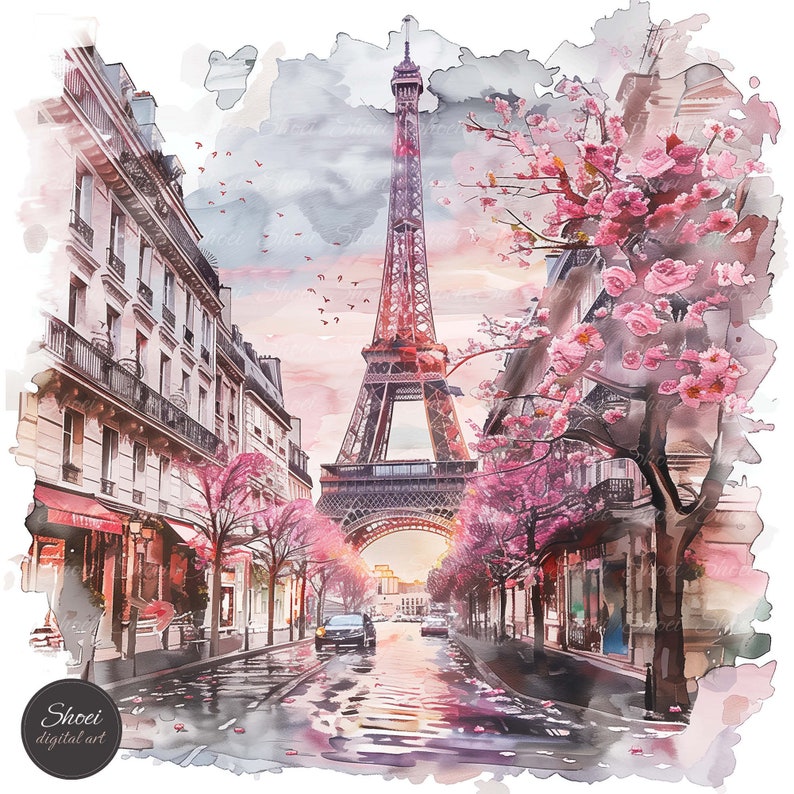 Paris watercolor clipart, Eiffel Tower illustration, cherry blossom art, French city print, printable JPG, white background.