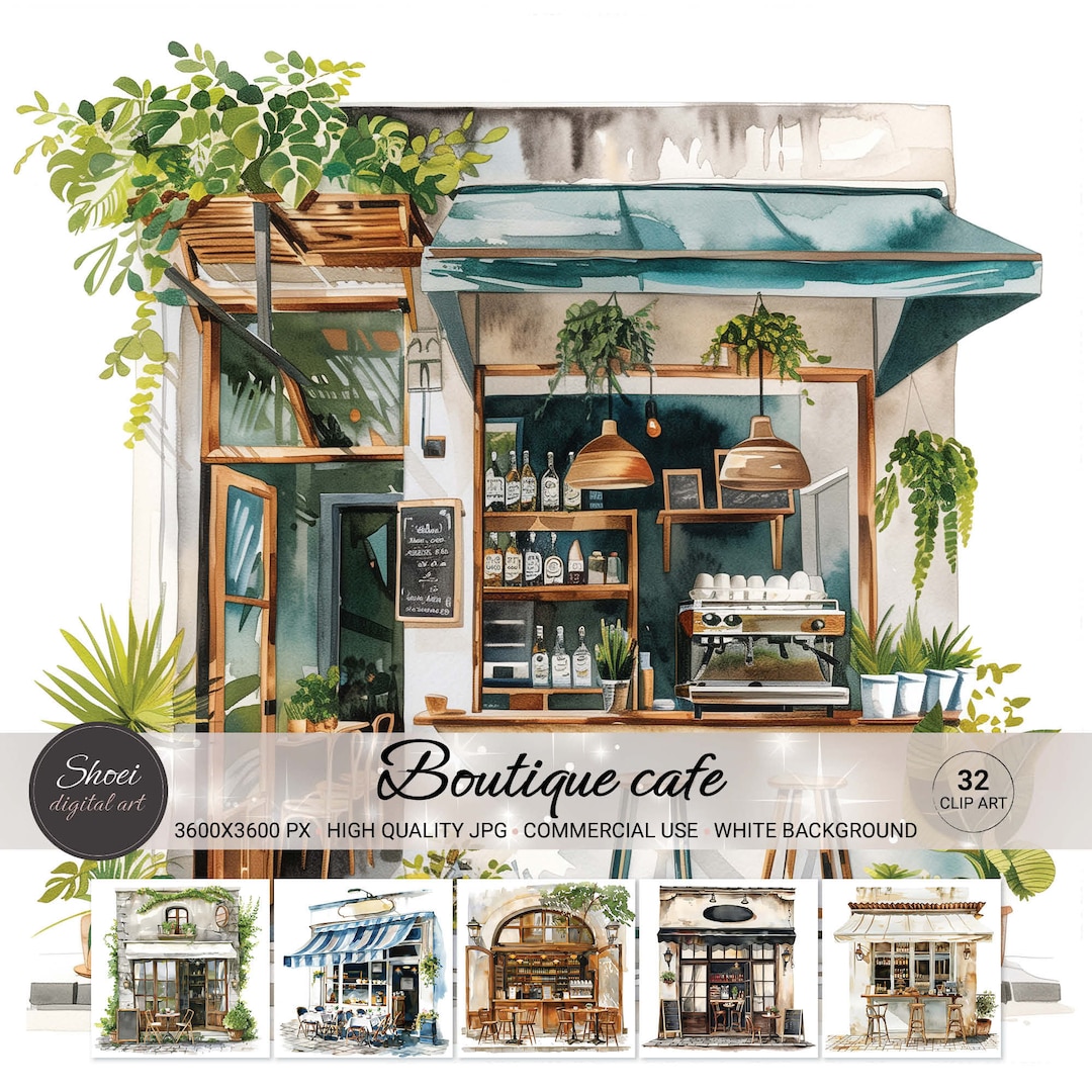 Watercolor Cafe Clipart Bundle: Vintage Coffee Shop Illustrations (JPG ...