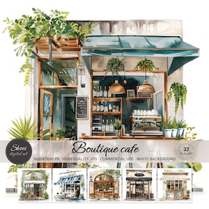Charming Boutique Cafe Watercolor Clipart - Perfeito para cartões de visita, menus e design de decoração - Download digital instantâneo