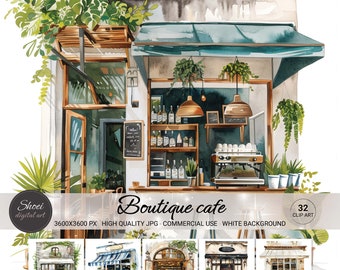 Watercolor Cafe Clipart Bundle: Vintage Coffee Shop Illustrations (JPG Digital Download)