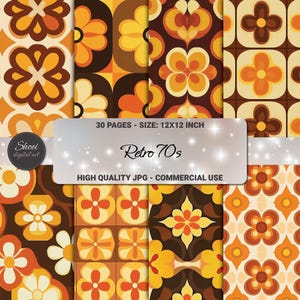 70s Floral Digital Paper Pack: Retro Flower Power Scrapbook Backgrounds (Digital Download, Commercial Use)