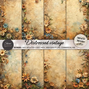 Papeles digitales vintage desgastados: 30 diseños florales antiguos, fondos envejecidos, scrapbooking, imprimibles, 8,5 x 11, archivos JPG nostálgicos