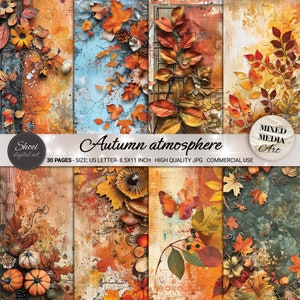 Papeles digitales con atmósfera otoñal: 30 diseños en técnica mixta, fondos para scrapbooking otoñal, imprimibles (8,5 x 11), hojas otoñales vibrantes (JPG)