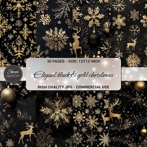 Collection luxueuse de papiers numériques de Noël noir et or - 30 pages pour le journal indésirable, les albums de scrapbooking, les oeuvres d'art et les usages commerciaux