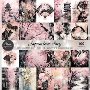 日本ラブストーリーロマンチックデジタルペーパー、100ページ、8.5x11サイズ、ジャンクジャーナルの背景、スクラップブック、アート＆クラフト、商業利用