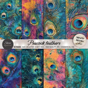 Peacock Feathers Digital Papers - 30 Vibrant Mixed Media Designs, Printable 8.5x11, Scrapbooking, Commercial Use