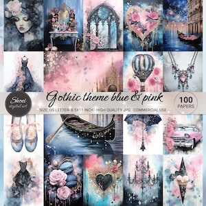 Gothic Blue Pink Digital Paper: 100 Page Junk Journal Kit (8.5x11) (Digital Download)