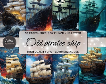 Old Pirates Ship Digital Papers - 30 Vintage Nautical Designs, Sea Adventure Backgrounds, Printable 8.5x11, Craft & Scrapbooking Art