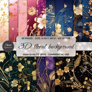 3D-Blumenhintergrund, digitale Papiere - 80 luxuriöse Blumenmuster, Scrapbooking-Hintergründe, bedruckbar 8,5 x 11, Bastel-JPG