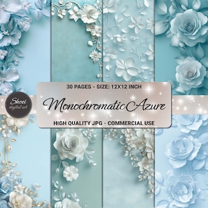 Pacchetto di carta digitale floreale blu, sfondi monocromatici azzurri per album, elegante kit di diario stampabile 12x12, pagine artistiche dai colori pastello.