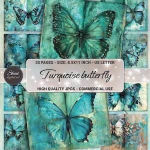 Fantasy Turquoise Butterfly Digital Paper Set - 30 Seiten 8.5X11 - Junk Journal, Scrapbooking, Kunst, Kommerzielle Nutzung