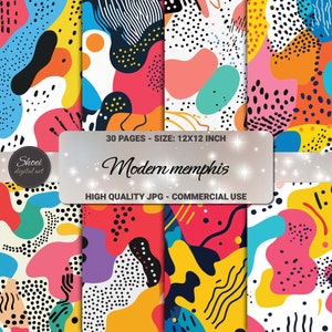 Op de afbeelding: Een set van 30 digitale papierontwerpen in moderne Memphis-stijl met kleurrijke abstracte vormen, stippen en lijnen. De papieren zijn 30,5 x 30,5 cm groot en zijn hoogwaardige JPG's voor commercieel gebruik.