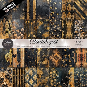 Carte digitali nere e dorate - Grande pacchetto di 100 design lussuosi, sfondi per scrapbooking, stampabili 8,5x11, eleganti JPG per creazioni artigianali