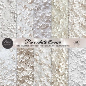 Papiers numériques fleurs blanc pur - 30 motifs floraux élégants, arrière-plans de scrapbooking, imprimable 8,5 x 11, création sereine JPG