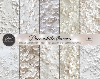 Pure White Flowers Digital Papers - 30 Elegant Floral Designs, Scrapbooking Backgrounds, Printable 8.5x11, Serene Crafting JPG