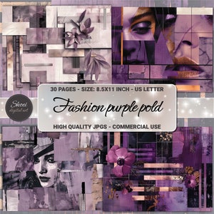 Luxe mode paars goud digitaal papier 30 pagina's 8,5 x 11 voor ongewenste tijdschriften en scrapbooking - commercieel gebruik - elegante kunst en ambacht