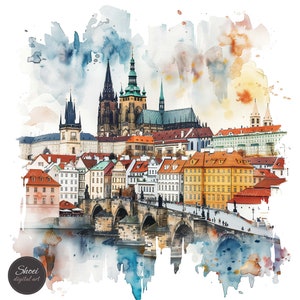 Prague watercolor clipart, old town cityscape illustration, Czech Republic printable art, gothic architecture digital image, white background.
