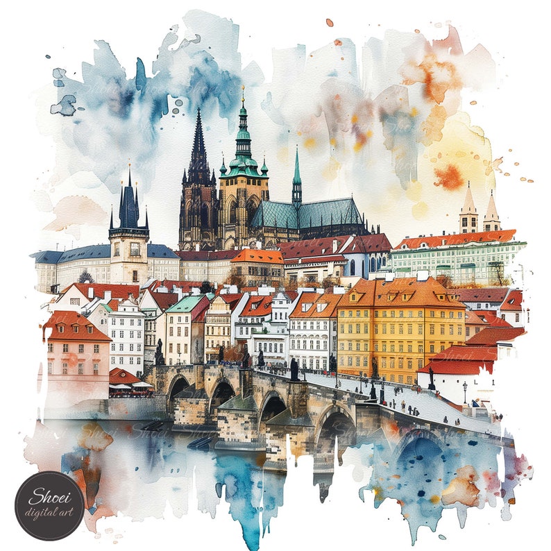 Prague watercolor clipart, old town cityscape illustration, Czech Republic printable art, gothic architecture digital image, white background.