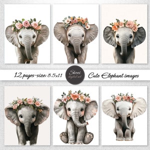 Láminas de elefantes para pared, diseño floral para habitación de bebé, ilustraciones de animales imprimibles, descarga instantánea (8,5 x 11 pulgadas), uso comercial