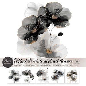 32 abstracte zwart-witte bloemen aquarel clipart JPG - Art and Craft digitaal papier