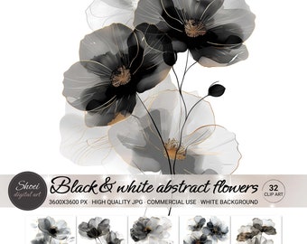 Black White Abstract Flower Clipart, Modern Floral Wall Art, 32 JPG, Minimalist Botanical Art, Printable Decor, Commercial Use