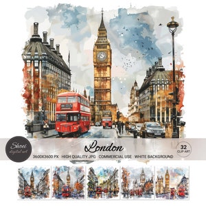 London Clipart Watercolor, Big Ben Red Bus Printable Art, UK City Landmark Wall Decor, 32 JPG, Commercial Use, Travel Junk Journal Scrapbook