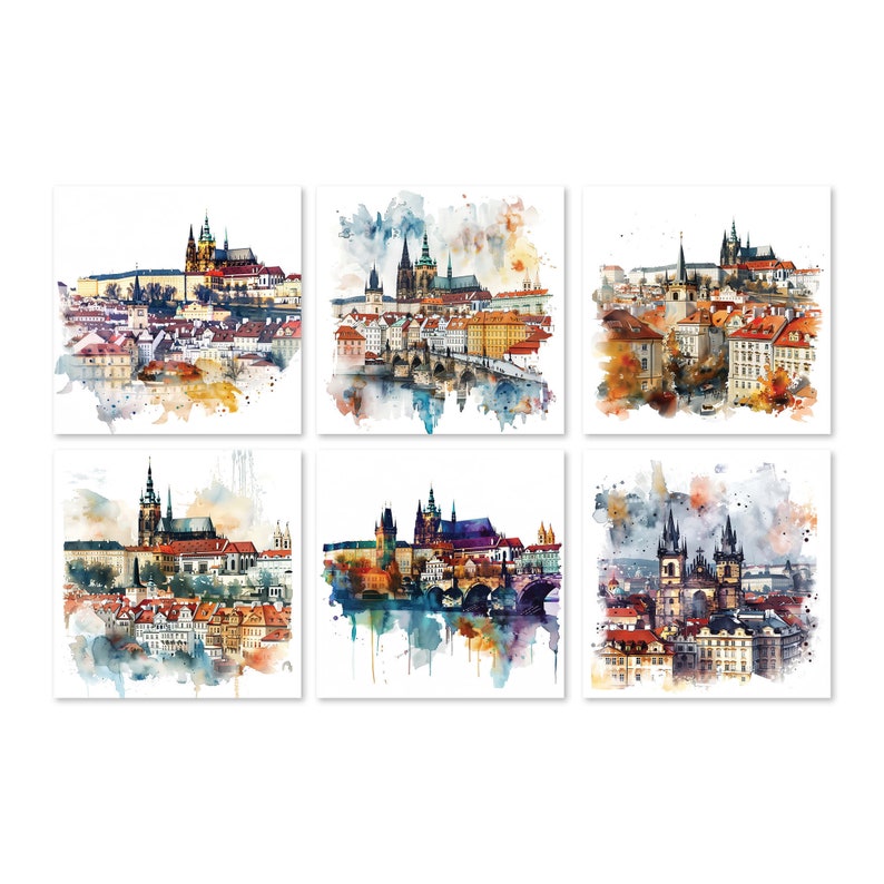 Prague watercolor clipart, old town cityscape illustration, Czech Republic printable art, gothic architecture digital image, white background.