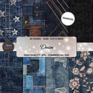 Op de afbeelding: Een digitale collage met verschillende denimtexturen en patronen. De afbeelding bevat patches, stiksels en sterversieringen. De tekst luidt "Denim" en "30 pagina's - grootte: 30,5x30,5 cm". De afbeelding is gelabeld "Hoge kwaliteit JPG - Commercieel gebruik".