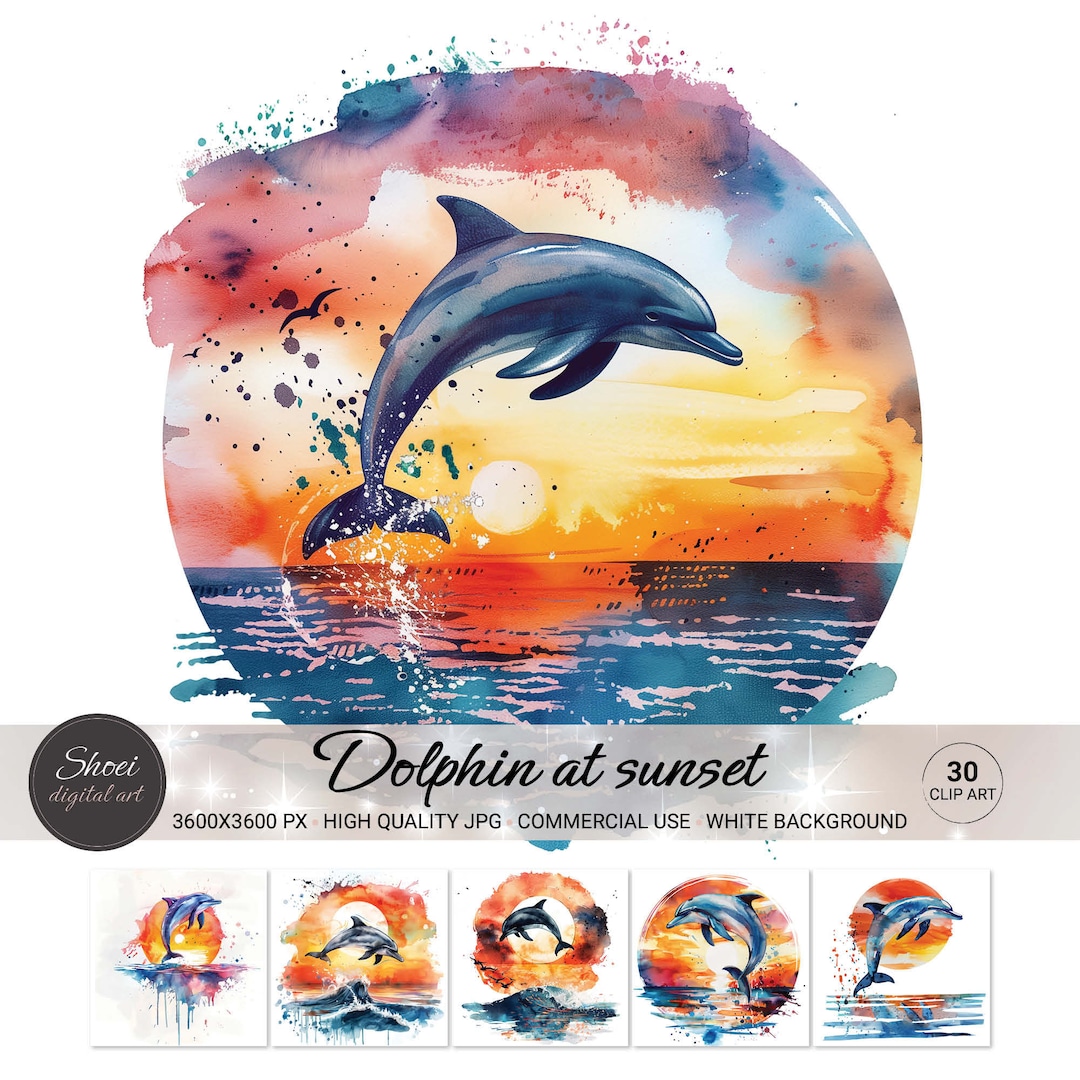Watercolor Dolphin Sunset Clipart: Ocean Beach Art, Commercial Use (30 JPG  Digital Files) - Etsy Israel, image size:1080x1080