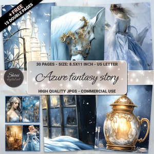 Set di arte digitale Azure Fantasy per Junk Journal, Scrapbooking - Principessa, Cavalli, Fiaba - Download immediato - Carta per la creazione di biglietti stampabili